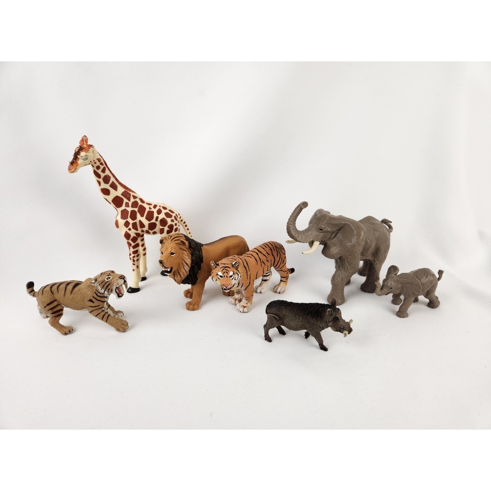 Vtg Safari Jungle Animals Elephant Baby Tiger Lion Warthog Saber tooth‎ Figures